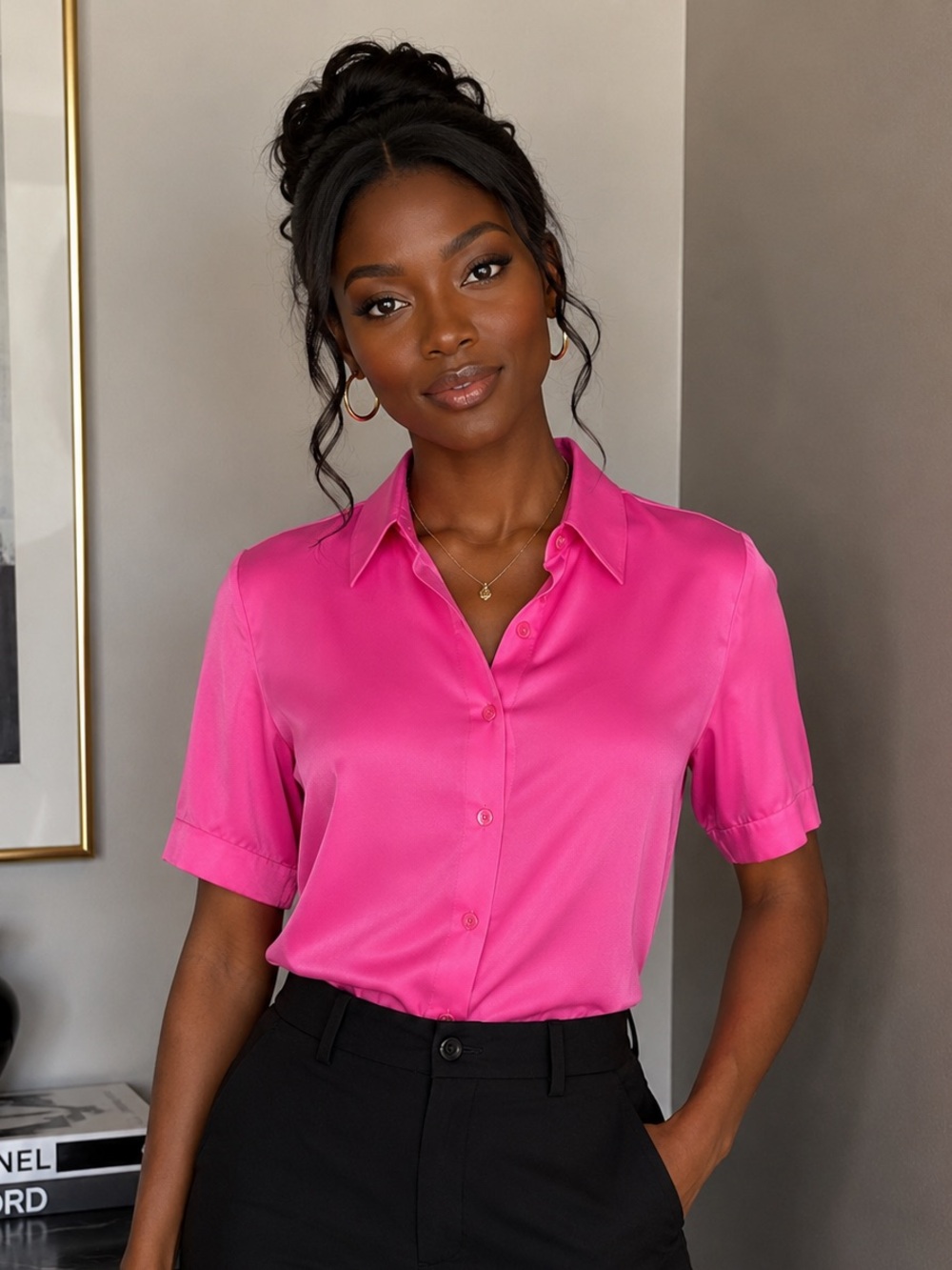 Zara Bright Pink Short-Sleeve Button-Down Shirt